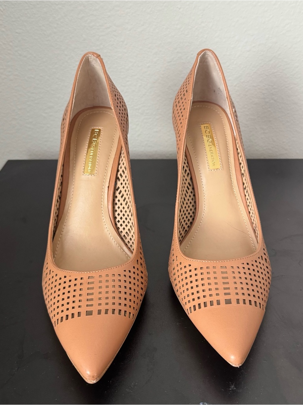BCBGeneration Perforated Pointed Pumps in Tan